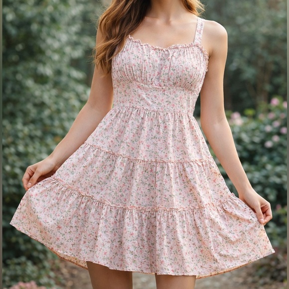 Trixxi Dresses & Skirts - Trixxi Pink Floral Flirty Tiered Mini Dress